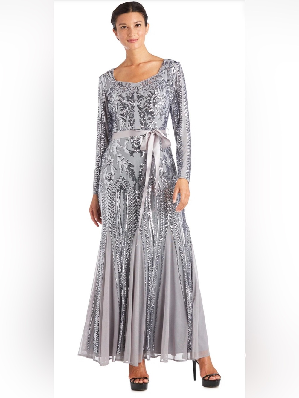 R&M Richards Silver Sequin Long Sleeve Gown